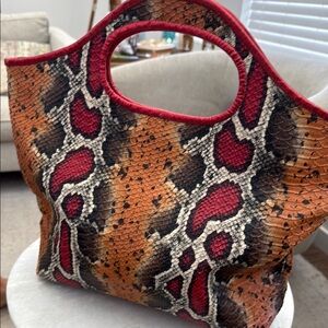 Red and Brown Snake Print Tote Bag with Glossy Finish
